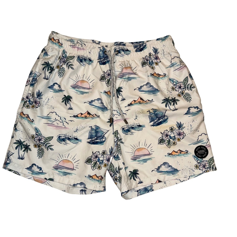 Ron Jon Surf Shop Swim Trunks Mens L White Tropical Excellent Board Shorts Beach